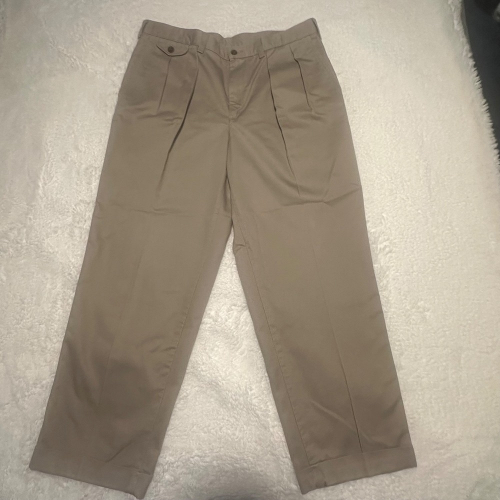 Savane Mens Khaki Chinos Pants 36x29 Double Pleated Cuffed 100% Cotton Tan Beige
